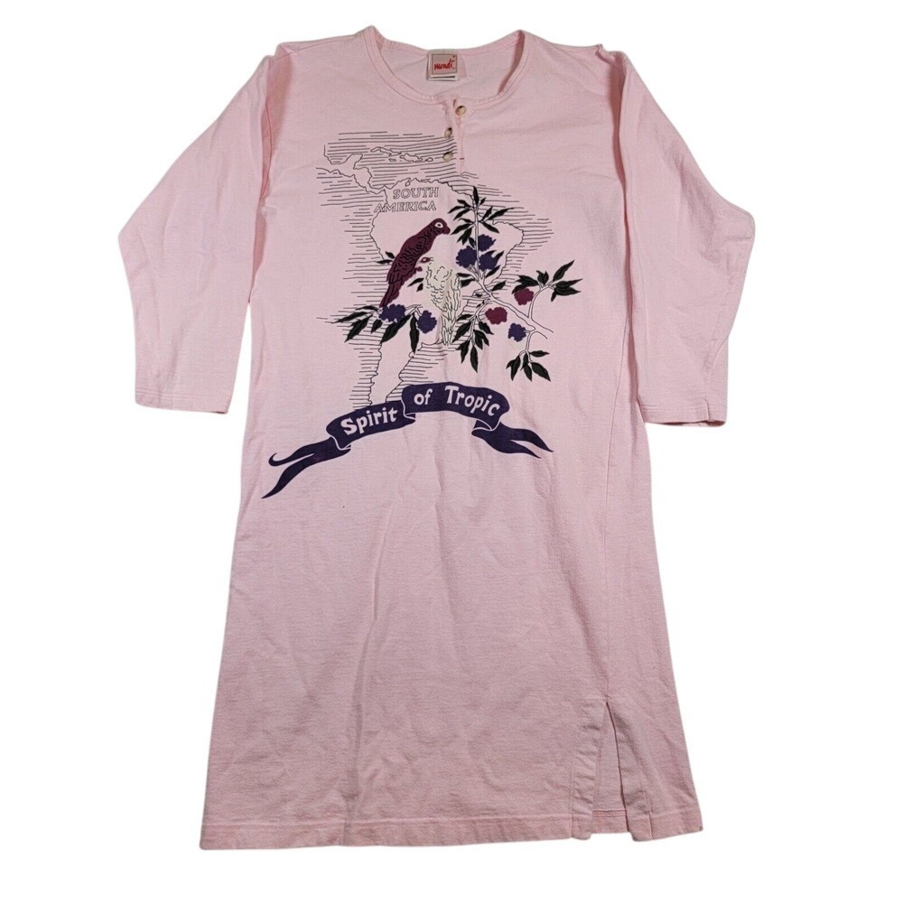 VTG‎ Mondi Henley Neck Sleepwear Graphic Shirt Dress Sz Small Pink Made in Italy